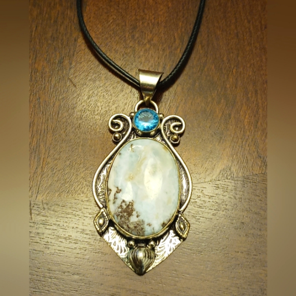 Larimar Sterling Silver Plated on Black Cord, Simulated Blue Sapphire, NWT